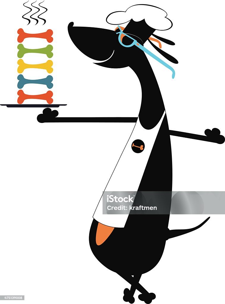 Comic dog art silhouette Comic dog a cook holds a plate full of bones   2015 stock vector