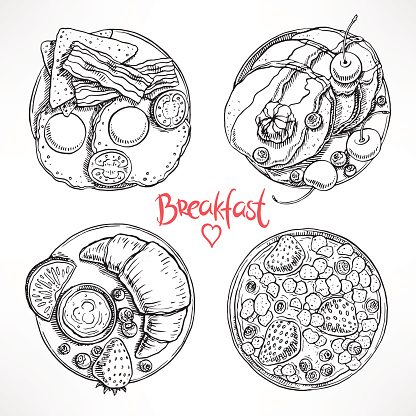 set with four different types of breakfast. hand-drawn illustration