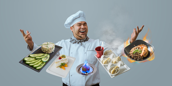 Chef juggling with meals