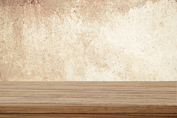 istock Empty wooden table over blur grunge cement wall, Product display 475148658