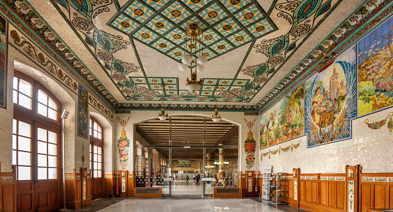 Valencia, Spain - May 7, 2015: waiting room of the North Station, famous for its mosaics in the style of Valencian modernism.