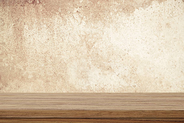 istock Empty wooden table over blur grunge cement wall, Product display 475150408