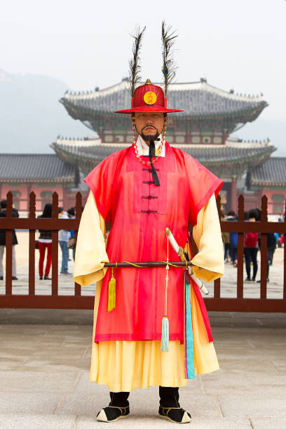 troca da guarda no palácio de gyeongbokgung - built structure building exterior asian culture seoul - fotografias e filmes do acervo