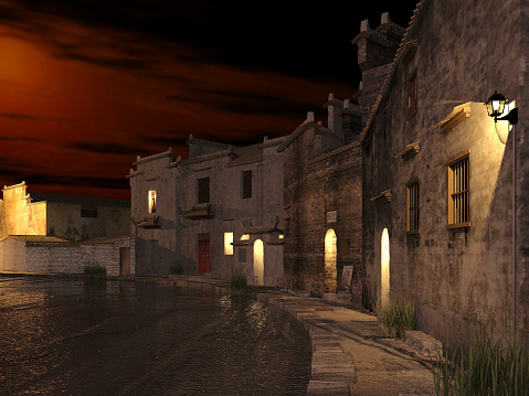 3d rendering of ancient China village in suburban area in dusk time