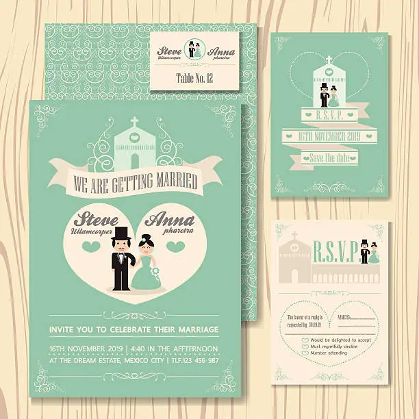 Vector illustration of Vintage soft green theme wedding invitation