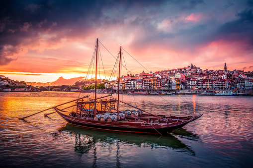 Porto at Sunset with Rabelo Boats on Douro River