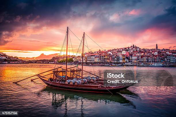 Porto At Sunset With Rabelo Boats On Douro River Stock Photo - Download Image Now - Porto - Portugal, Portugal, Douro River