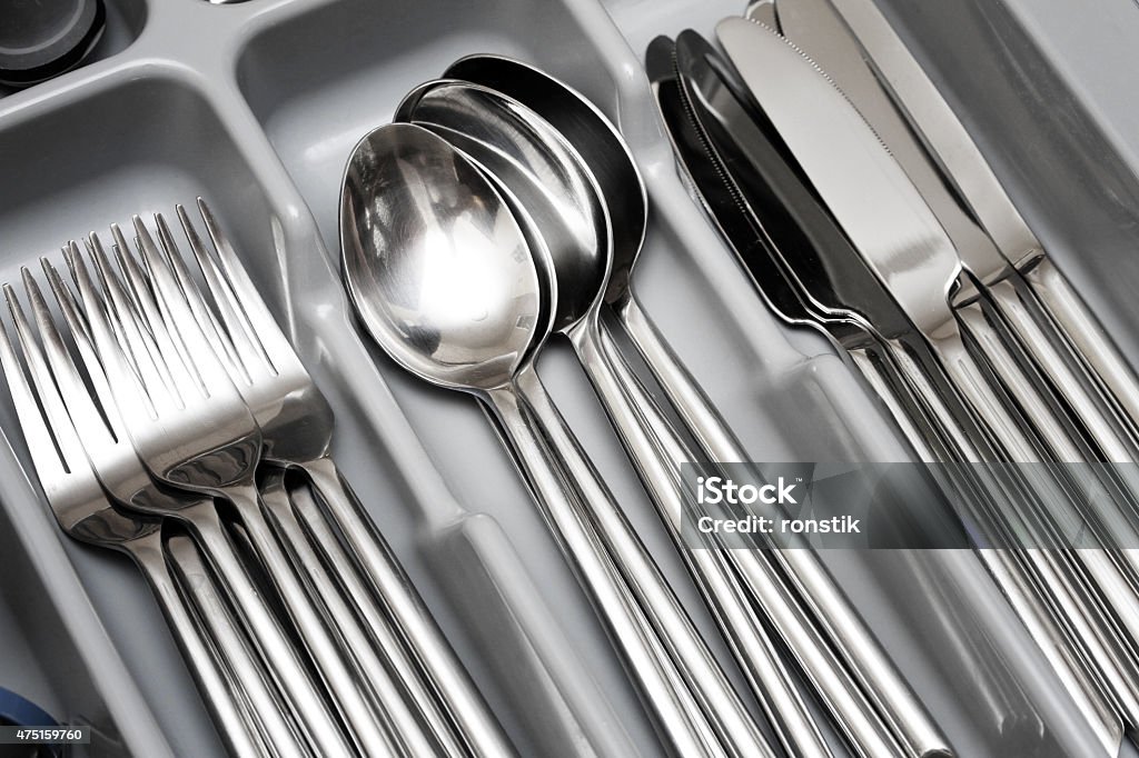 cutlery set drawer box with cutlery set Silverware Stock Photo