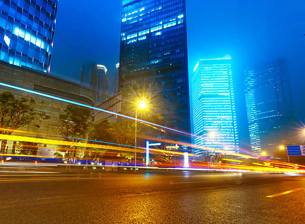 istock light trails on the modern building background in shanghai china 475160217