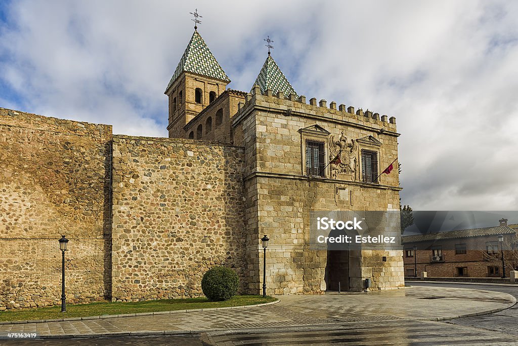 Medieval Walls of Toledo. Puerta de la Bisagra. It was built in the sixteenth century on a front door of Muslim origin called "Bib-Xacra". This is a room with two doors and a patio. In the photo we see the inner door. Ancient Stock Photo