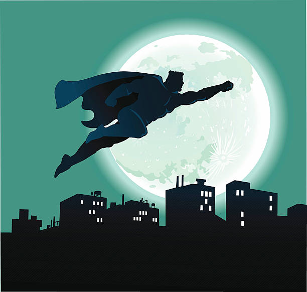 illustrazioni stock, clip art, cartoni animati e icone di tendenza di supereroe volare sopra la città di notte e la luna piena - valiant