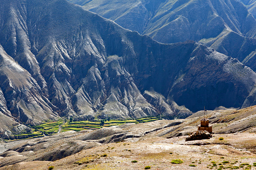 Ancient Bon stupa in Saldang village, Nepal. Saldang lies in Nankhang Valley, the most populous of the sparsely populated valleys making up the culturally Tibetan region of Dolpo.