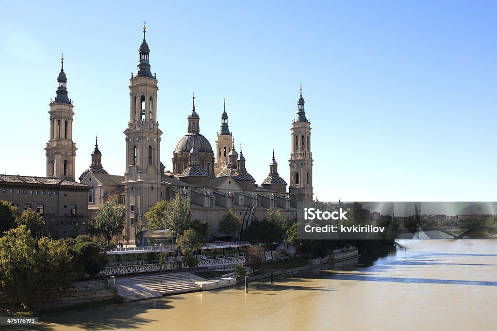 Pilar Basilica View at famous Pilar Cathedral against blue sky, Saragossa, Spain Architectural Column Stock Photo