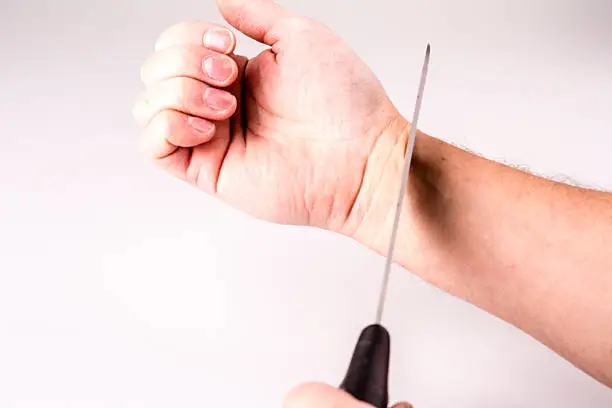 Close up of a suicidal man hand on isolated white background