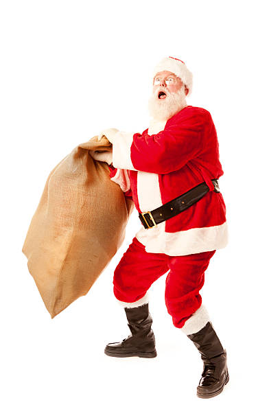 istock Santa Claus Lifting Large Heavy Gift Bag on White Background 475177122