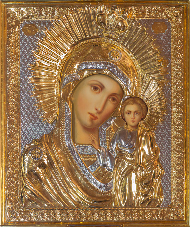 Jerusalem - The icon of Madonna in Russian orthodox Church from 19. cent. of Holy Mary of Magdalene on the Mount of Olives by unknown artist.