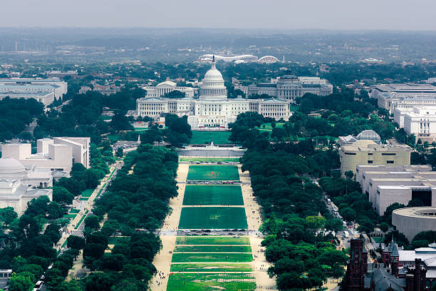 National Mall and United States Capitol in Washington, DC Aerial Way as seen from the Washington Monument of the National Mall and United States Capitol in Washington, DC. civic center park stock pictures, royalty-free photos & images