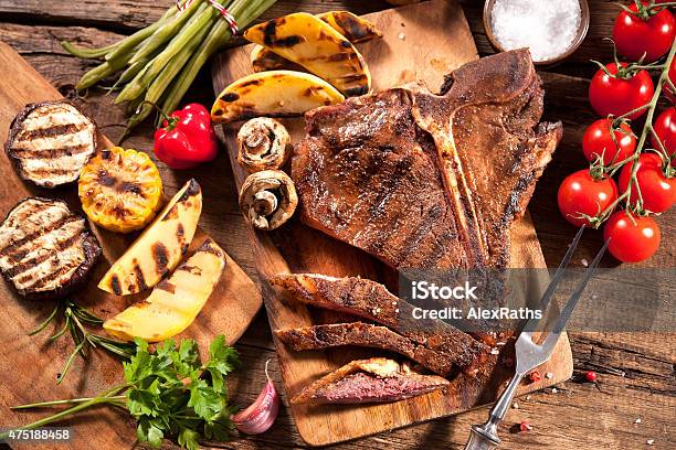 Beef Steaks With Grilled Vegetables Stock Photo - Download Image Now - 2015, Baked, Barbecue - Meal