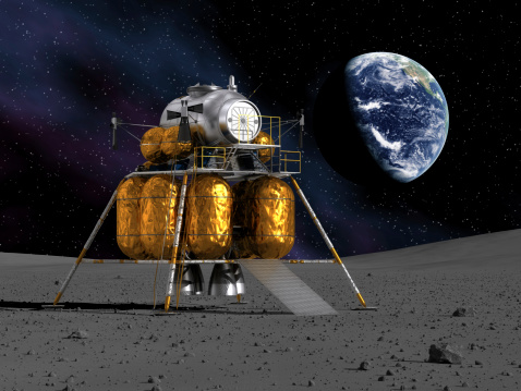 Lunar Lander On The Moon. 3D Scene. Elements of this image furnished by NASA.