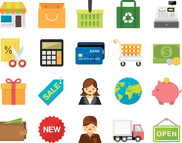 Vector illustration of Set of 20 Flat Shopping and Retail icons (Kalaful series)