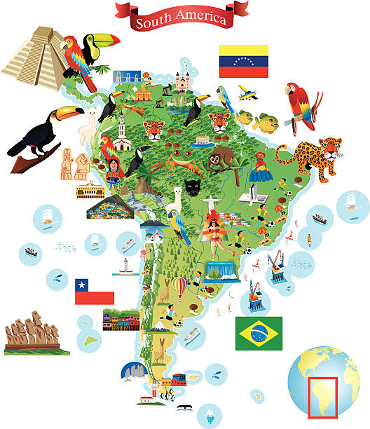 ilustraciones, imágenes clip art, dibujos animados e iconos de stock de dibujo mapa de américa del sur - viaje al amazonas