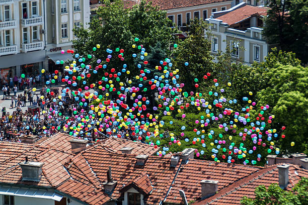 Releasing 2019 balloons stock photo