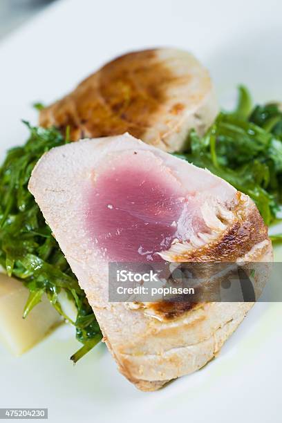 Grilled Tuna With Rucola Close Up Stock Photo - Download Image Now - 2015, Appetizer, Arugula
