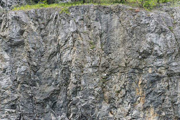 Rock face background Weathered rock texture in old stone-pit with parts of green. rock face stock pictures, royalty-free photos & images