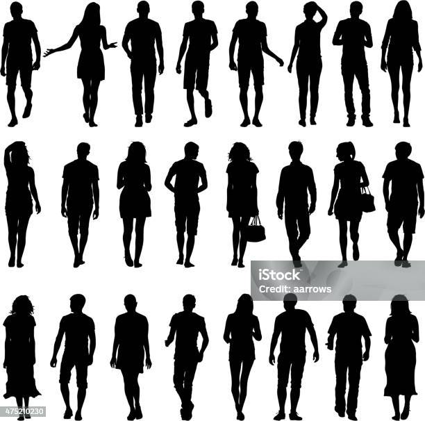 Black Silhouettes Mans And Womans Stock Illustration - Download Image Now - In Silhouette, People, Walking