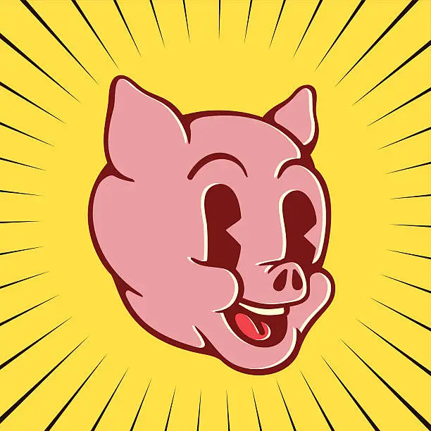 Vector illustration of Vintage cartoon pig character face, smiling piglet