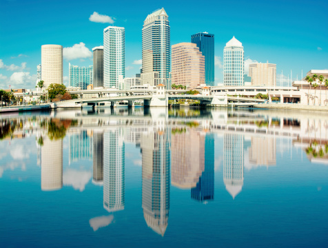 Tampa skyline on the sunny mid afternoon day with reflection.