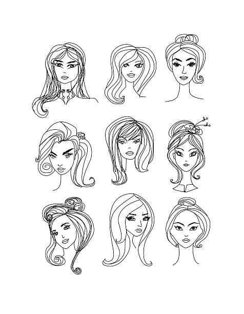 Black and White Cartoon Illustration of Women Characters Faces Set vector art illustration