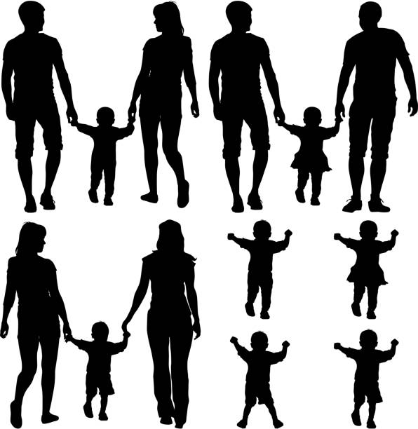 Black silhouettes Gay, lesbian couples and family vector art illustration