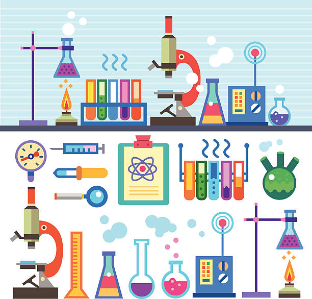 illustrazioni stock, clip art, cartoni animati e icone di tendenza di laboratorio di chimica in stile piatto - medical research backgrounds laboratory chemistry class