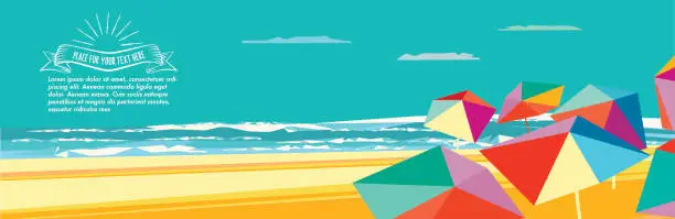 Vector illustration of abstract polygonal vector summer beach background with parasols and logo
