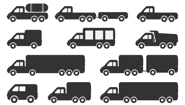Cartoon Car Icons Cartoon Car Icons Silhouetted. Black Symbols Pick-up Truck film trailer music stock illustrations