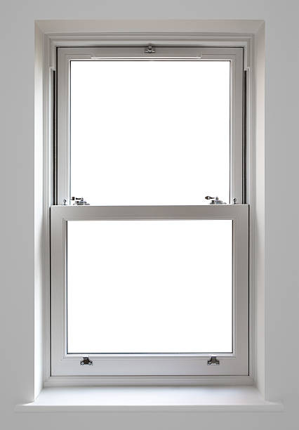 High quality double glazed sash window A high quality white double glazed sash window from a new home which has been blanked out and with an accurately placed Clipping Path, to enable a background image of your choice. window latch stock pictures, royalty-free photos & images