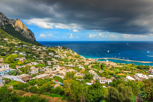 Medieval town and white houses with majestic panorama of Tyrrhenian sea,Capri island,Campania,Italy,Europe