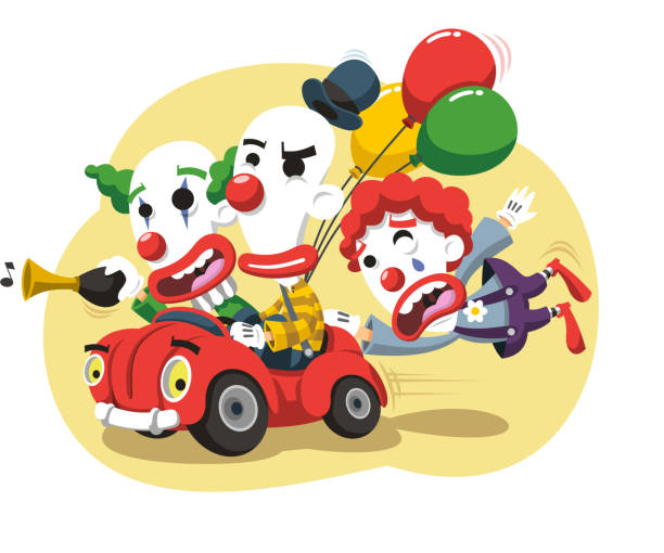 ilustraciones, imágenes clip art, dibujos animados e iconos de stock de payaso circus rendimiento en automóvil con globos y bocina - bufonear