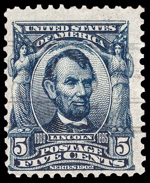 abraham lincoln auf einer usa-briefmarke - postage stamp correspondence postmark macro stock-fotos und bilder