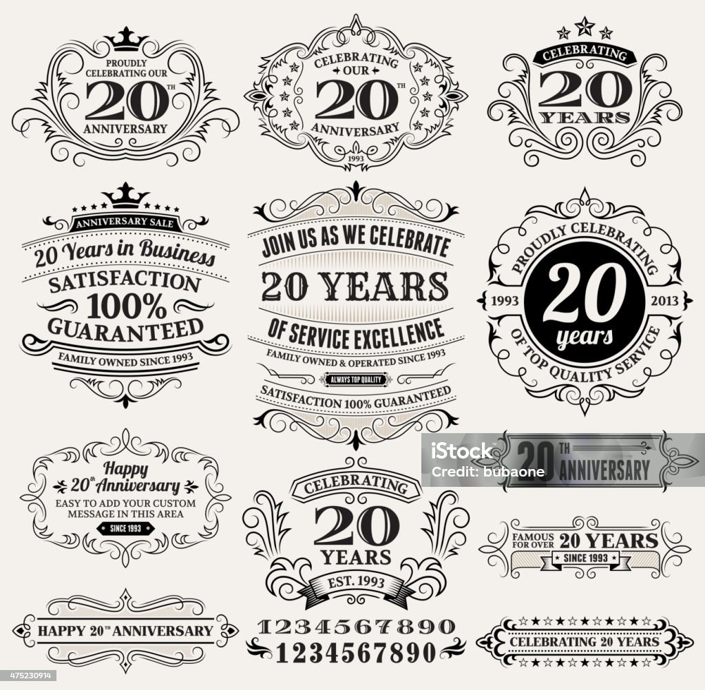 twenty year anniversary hand-drawn royalty free vector background on paper twenty year anniversary hand-drawn royalty free vector background on paper. This image depicts a paper background with multiple twenty year anniversary announcement designs. The beige paper background serves a perfect backdrop for making the twenty year anniversary announcements look authentic and elegant. The hand-drawn design are unique and intricate in design and are ideal for your twenty year anniversary design announcements. 20-24 Years stock vector