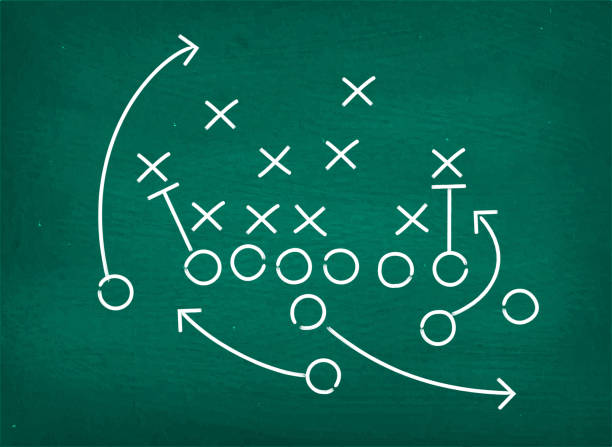 American football touchdown strategy diagram on chalkboard American football touchdown strategy diagram on chalkboard. The illustration features a detailed game strategy sketch with offensive line indicated as arrows and defensive line indicated as X signs. A coached playbook is presented as white chalk drawing on chalkboard. This royalty free vector illustration is perfect for football strategy designs. american football game plan stock illustrations