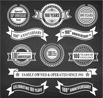 one hundred year anniversary hand-drawn chalkboard royalty free vector background. This image depicts a black chalkboard with multiple anniversary announcement designs. There is chalk dust remaining on the chalkboard and the chalkboard texture serves a perfect backdrop for making the anniversary announcements look authentic and elegant.