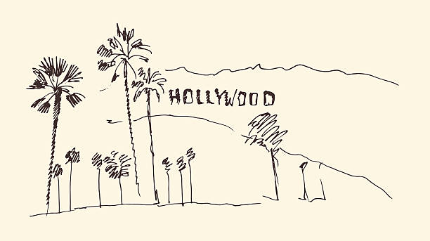 丘と木の彫りこみ文字ベクトルイラスト、手描き、スケッチ、ハリウッド - city of los angeles illustrations点のイラスト素材／クリップアート素材／マンガ素材／アイコン素材