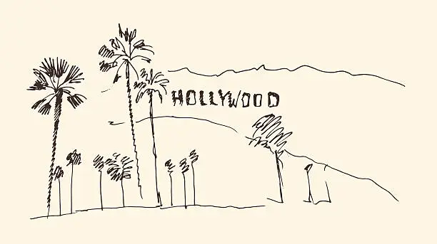 Vector illustration of hills and trees engraving vector illustration, hand drawn, sketch, hollywood