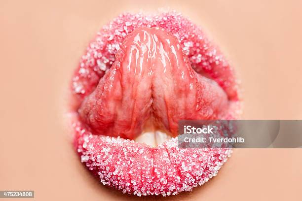 Toungue Licking Sugar From Lips Stock Photo - Download Image Now - Human Sexual Behavior, Licking, Sensuality