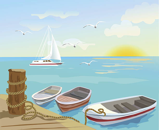 boote auf der meer-bett - moored boats stock-grafiken, -clipart, -cartoons und -symbole