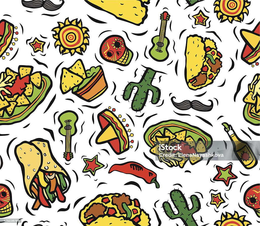 Mexican Food and Things Seamless Background Mexican Food and Things Seamless Background: Burrito, Nachos, Guacamole dip, Tao, Cactus, Sun, Guitar, Sombrero, Beer and Day of the Dead Skulls Taco stock vector