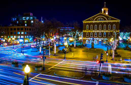 The intersection of Congress and North Streets in Boston Massachusetts during the Christmas Holiday Season.