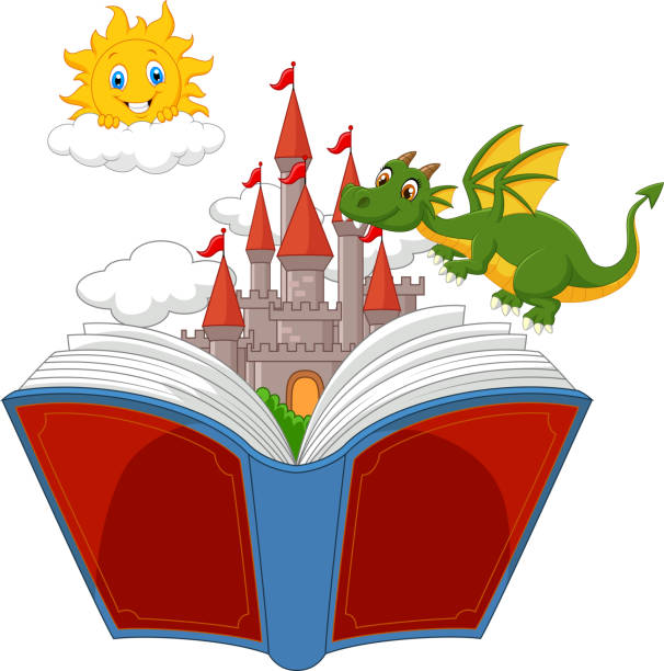 мультяшный история книги с замок, дракон и солнце - picture book fairy tale castle dragon stock illustrations